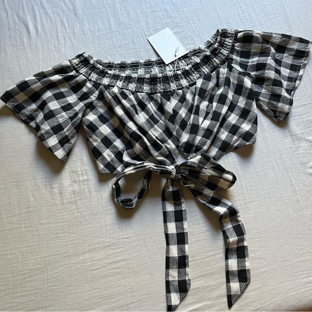 NWT THE JETSET DIARIES black and white gingham plaid‎ tie front off shoulder top